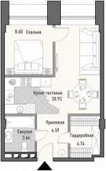 Однокомнатная квартира 46.3 м²